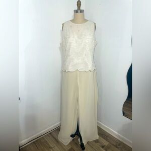Cream two piece vintage garment. Sleeve top and wide bottoms
